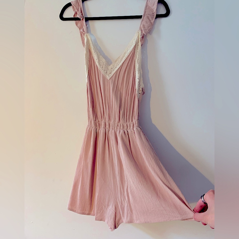 Kendall & Kylie rose pink open back romper with white crochet detailing